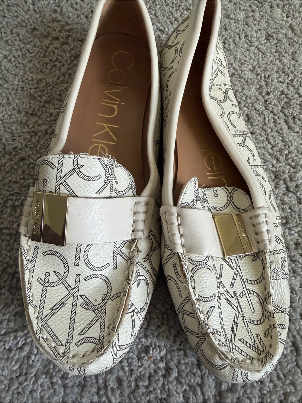 Calvin Klein Cream Logo Loafers with Gold Accent